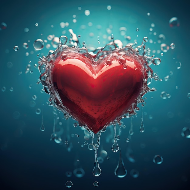 a floating heart with many water drops around it in the style of light teal and red zbrush