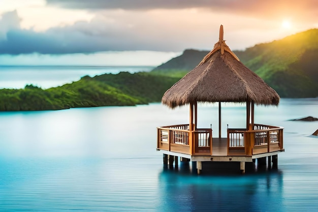 A floating hut with a thatched roof on the water.