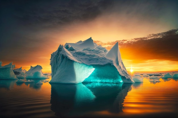 Floating iceberg absorbing last rays of setting sun