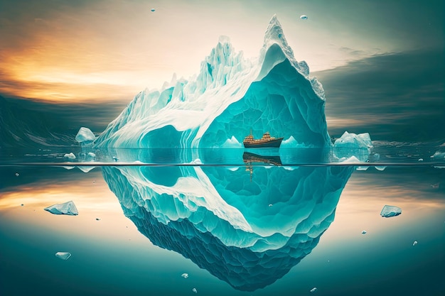 Floating iceberg is mirrored in sea water near shore