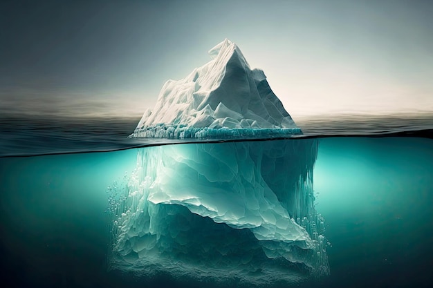 Floating iceberg with spiral underwater part drifting in ocean