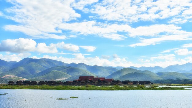 Floating Inle people house on Inle lake with beautiful sky,can use foe promote tourism in Inla village in Myanmar.