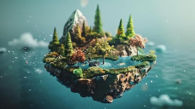 Photo floating island of miniature ecosystems a surreal 3d of a creative futuristic landscape