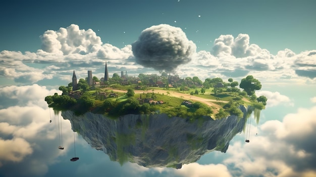 A floating island with a city in the sky