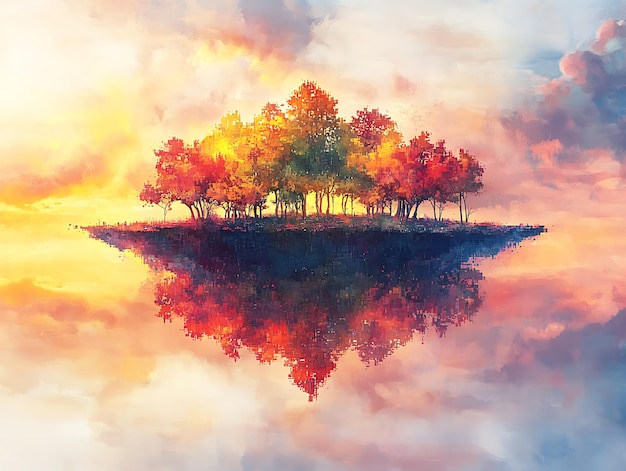 Floating Island with Glowing Digital Trees Impressionist Watercolor