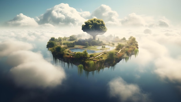 A floating island with a tree on it