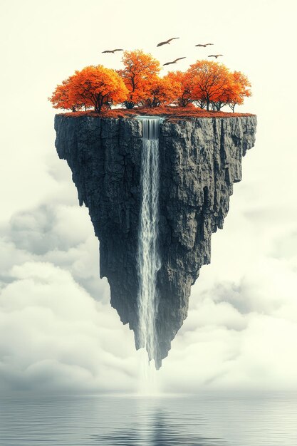 Photo floating island with waterfall and autumn trees