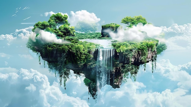 Floating Island with Waterfall in a Dreamy Sky