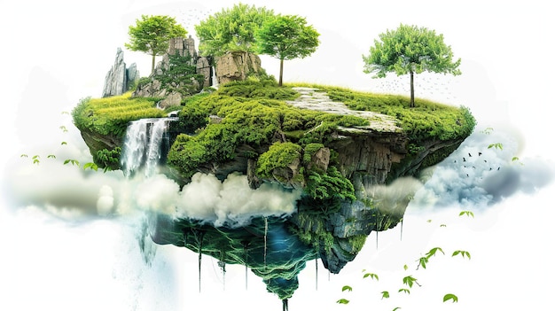 Floating Island with Waterfall and Trees