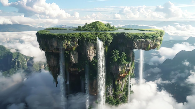 A floating island with waterfalls cascading into the clouds