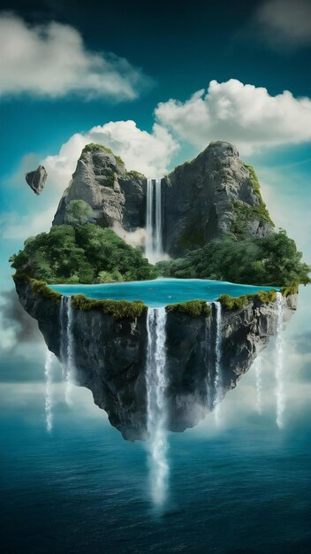 Photo floating island with waterfalls and clouds flying fantasy land with blue water