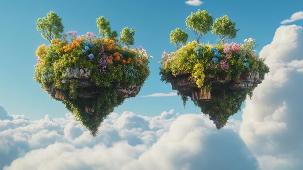 Photo floating islands adorned with vibrant flowers and greenery in a blue sky