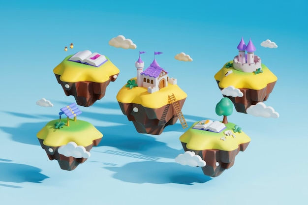 Photo floating islands with castles books and ladders in a blue sky