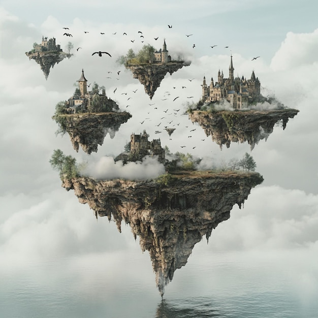 Photo floating islands with floating flocks of birds overhead