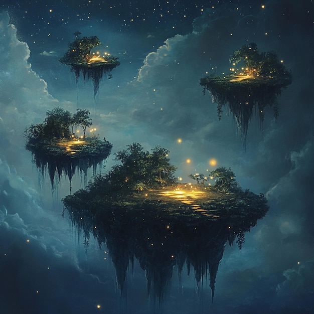 Floating islands with floating paths illuminated by fireflies