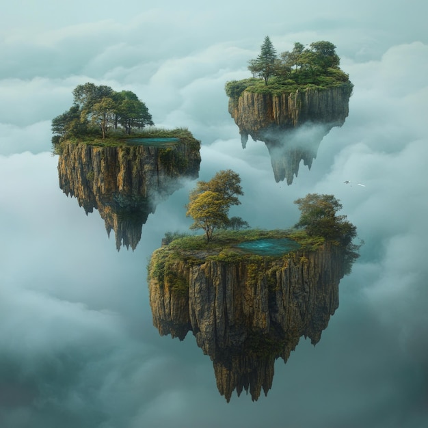 Photo floating islands with trees above a misty landscape