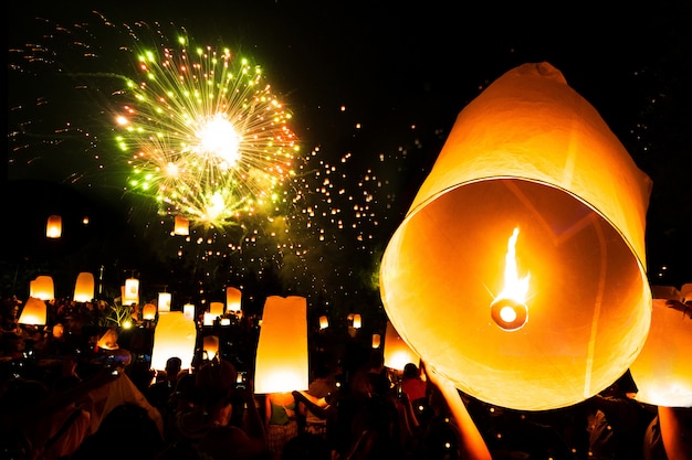 Floating lamp in yee peng festival on loy krathong day, Firework Festival