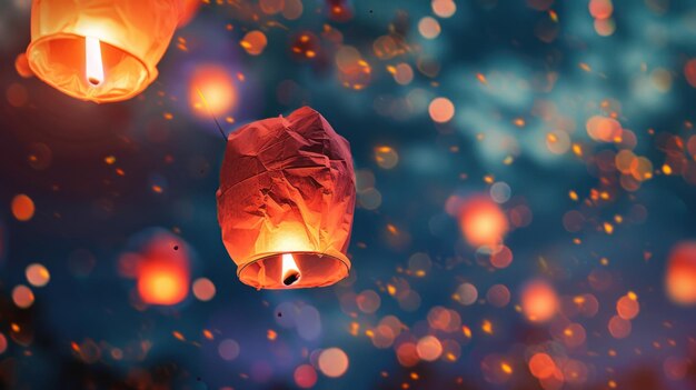 Floating Lanterns Glowing in Twilight Sky Ethereal floating lanterns rise into the dusk sky surround