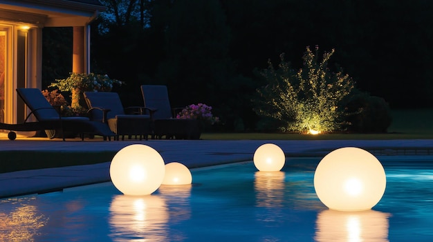 Photo floating lanterns illuminate a luxurious pool in tranquil evening ambiance