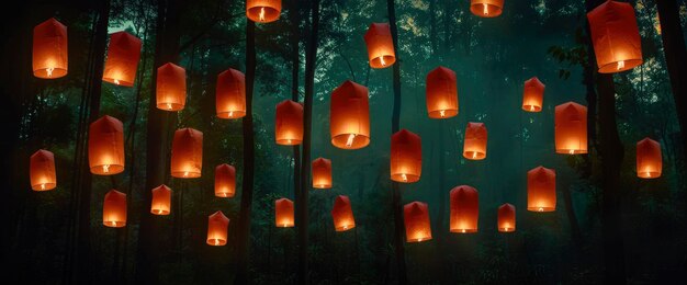 Photo floating lanterns in a misty forest