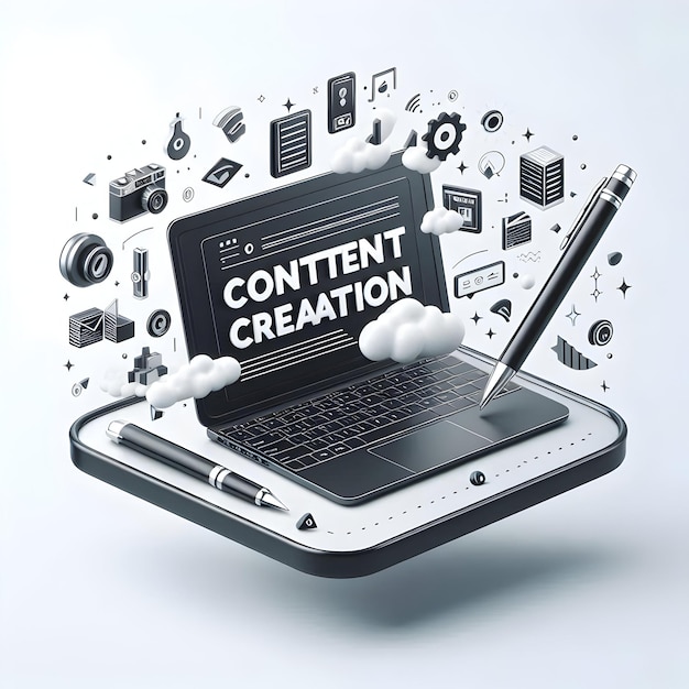 Photo floating laptop and pen with content creation text concept as a sleek vector design showcasing a flo