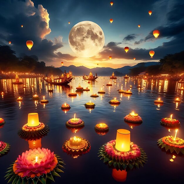 Photo floating loy krathong and candle in thailand full moon folk festival