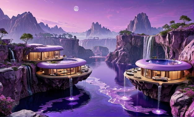 Photo floating luxury villa on a purple waterfall planet