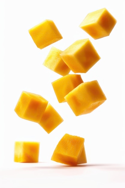 Photo floating mango cubes on a white background highlighting their vibrant yellow color and juicy fresh texture