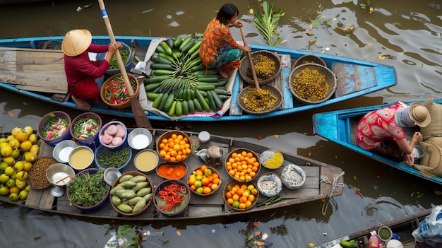 Floating market in Indonesia selling organic produce fruits and fresh vegetables generative ai