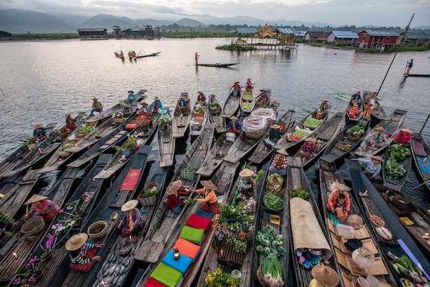 Floating Market in the morning at Inle lake Shan state MyanmarxA