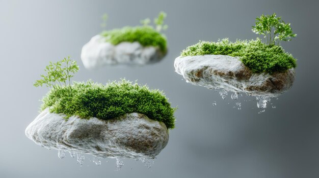 Photo floating mosscovered rocks with small trees on them suspended in midair creating a surreal and fantastical scene