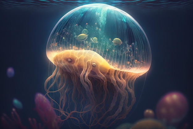 Floating in ocean imaginary beautiful fantastic jellyfish in space created with generative ai