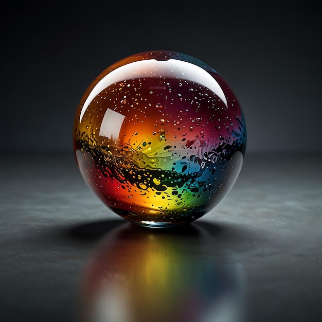 Floating Orb of Multicolored Liquid Glass with Light Reflecting Off Its Surface in a Stunning