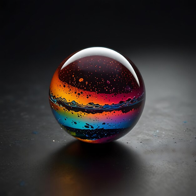 Floating Orb of Multicolored Liquid Glass with Light Reflecting Off Its Surface in a Stunning