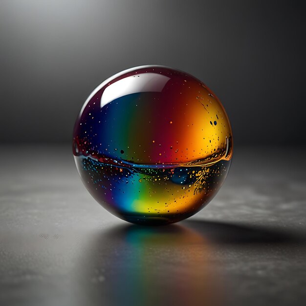 Photo floating orb of multicolored liquid glass with light reflecting off its surface in a stunning