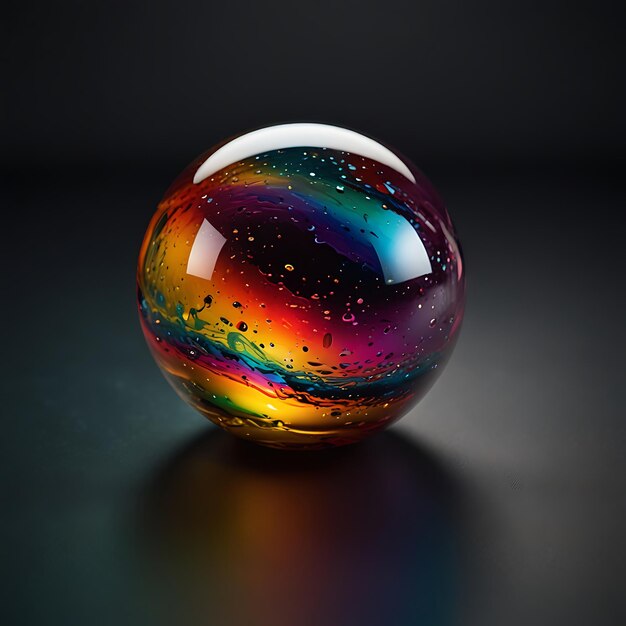 Photo floating orb of multicolored liquid glass with light reflecting off its surface in a stunning