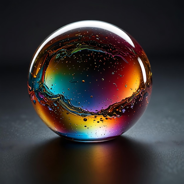 Floating Orb of Multicolored Liquid Glass with Light Reflecting Off Its Surface in a Stunning