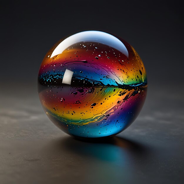 Floating Orb of Multicolored Liquid Glass with Light Reflecting Off Its Surface in a Stunning