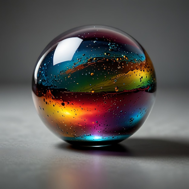 Floating Orb of Multicolored Liquid Glass with Light Reflecting Off Its Surface in a Stunning