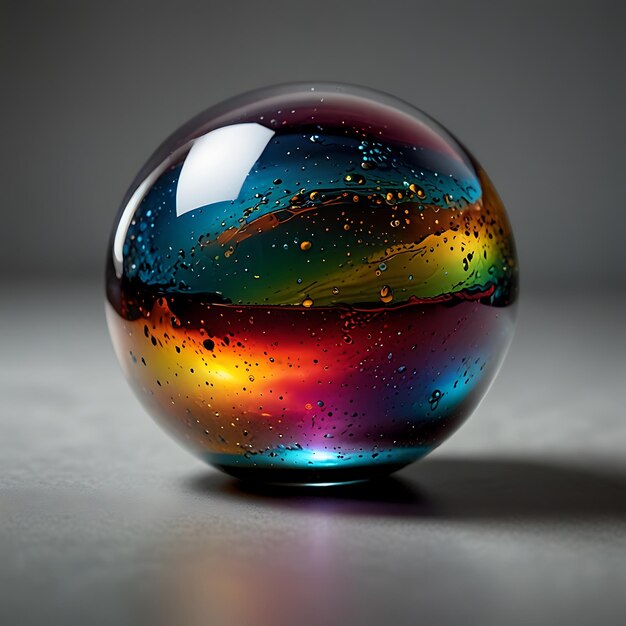 Photo floating orb of multicolored liquid glass with light reflecting off its surface in a stunning