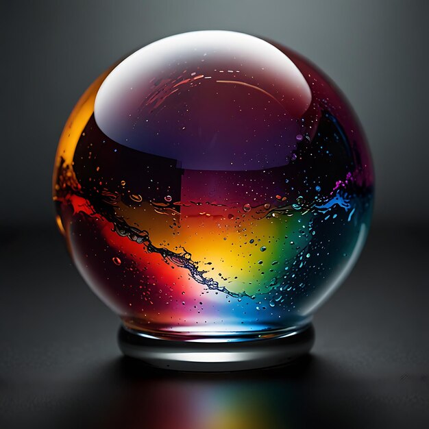 Photo floating orb of multicolored liquid glass with light reflecting off its surface in a stunning