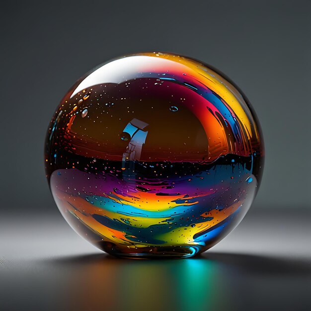 Photo floating orb of multicolored liquid glass with light reflecting off its surface in a stunning