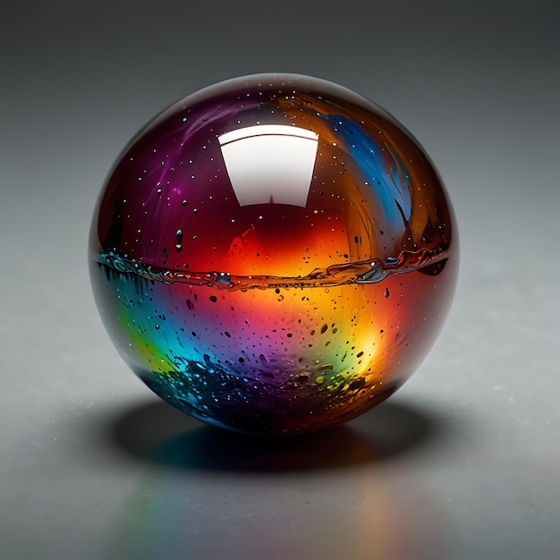 Floating Orb of Multicolored Liquid Glass with Light Reflecting Off Its Surface in a Stunning