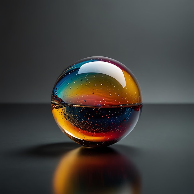 Floating Orb of Multicolored Liquid Glass with Light Reflecting Off Its Surface in a Stunning