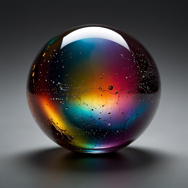 Floating Orb of Multicolored Liquid Glass with Light Reflecting Off Its Surface in a Stunning