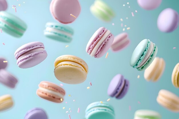 Floating Pastel Macaroons in Ethereal Atmosphere Showcase Dreamy Confectionery Delight