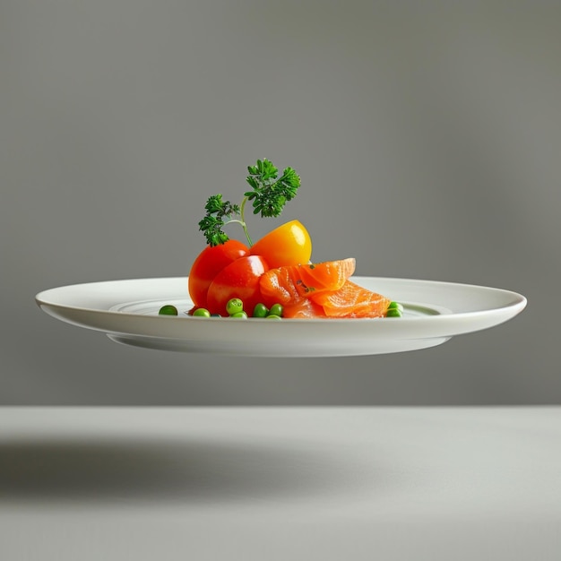 Photo floating plate with fresh vegetables and salmon concept minimalistic food photography with a focus on vibrant colorful ingredients perfect for healthy eating culinary art and modern cuisine themes ai