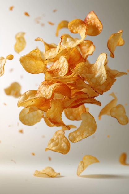 Floating potato chips in a dynamic bright composition