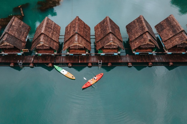 Floating rafts for recreation and relaxation while holidays or vacation in Thailand Khao Sok Cheow Lan Lake Ratchaprapa Dam