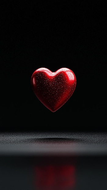 Floating red heart with glitter 3D texture ultrarealistic reflections on a black background